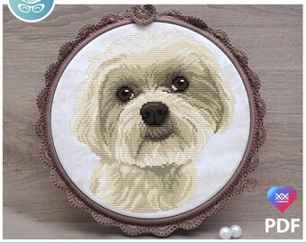 Maltese dog counted cross stitch pattern pdf. Modern pet memorial Maltese portrait gift idea for mom dad. Digital file. AXS0595
