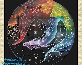 Rainbow Dragon 2 (he). Dragon Cross Stitch Pattern pdf. Fantasy winged multicoloured dragon xstitch chart. Digital. Saga. NadGavr 1011