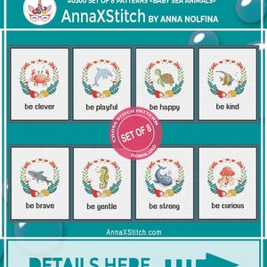 Set of 8 ocean baby animals cross stitch patterns pdf: fish jellyfish seahorse turtle dolphin shark crab whale. Digital files AXS0300