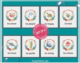 Set of 8 ocean baby animals cross stitch patterns pdf: fish jellyfish seahorse turtle dolphin shark crab whale. Digital files AXS0300
