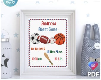 Baby birth announcement cross stitch pattern pdf. Sport nursery theme for baby boy girl. Personalized DIY. Digital file AXS0521