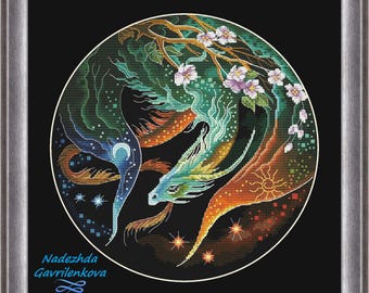 Dragon Time Keeper. Dragon Cross Stitch Pattern pdf. Fantasy winged dragon xstitch chart. Digital. Saga. NadGavr 1014