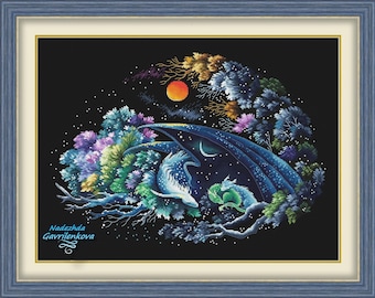 Dragon - Guardian of Good Dreams 2.  Dragon Cross Stitch Pattern pdf. Fantasy winged dragon xstitch chart. Digital. Saga. NadGavr 1144