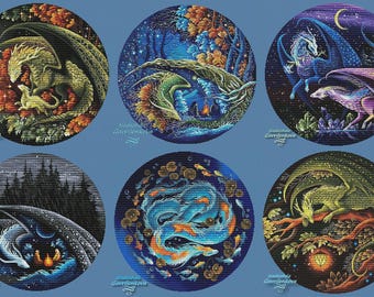 Set "6 Big Dragons in a circle". Dragon Cross Stitch Pattern pdf. Fantasy winged dragon xstitch chart. Digital. Saga. NadGavr 1152