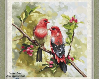 Strawberry finches. Cross Stitch Pattern pdf. Birds xstitch chart. Digital. Saga. NadGavr 1163