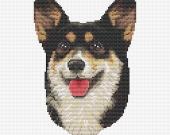 Tri-color pembroke welsh corgi dog counted cross stitch pattern pdf. Modern pet memorial corgi gift idea for mom dad. Digital file. AXS0443