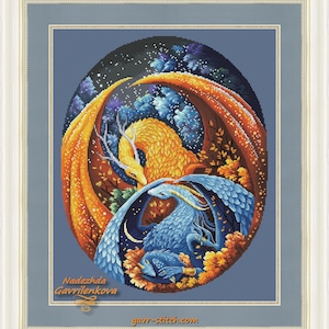 De drakenfamilie. Draak kruissteekpatroon pdf. Fantasie gevleugelde moeder babydraak x-steekkaart. Digitaal. Saga. NadGavr 1172