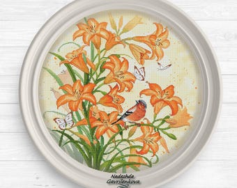 Daylily (yellow). Cross Stitch Pattern pdf. Flowers xstitch chart. Digital. Saga. NadGavr 1212