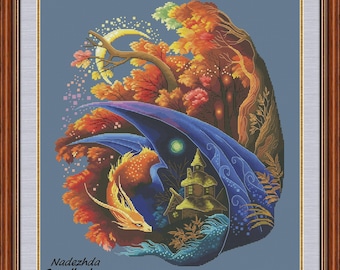 Dragon-Guardian. Autumn. Dragon Cross Stitch Pattern pdf. Fantasy winged dragon xstitch chart. Digital. Saga. NadGavr 1009