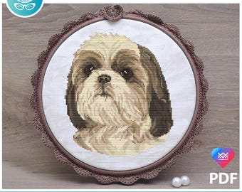 Shih Tzu dog counted cross stitch pattern pdf. Modern pet memorial gift for Shih Tzu dog mom & dad. Digital file. AXS0304