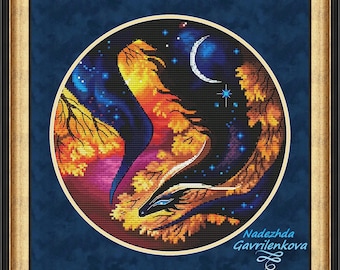 Dragon of the Night. Dragon Cross Stitch Pattern pdf. Fantasy flying dragon xstitch chart. Digital. Saga. NadGavr 1134