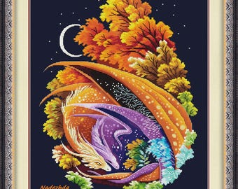 Love of dragons 2 (purple). Dragon Cross Stitch Pattern pdf. Fantasy winged love dragon xstitch chart. Digital. Saga. NadGavr 1175