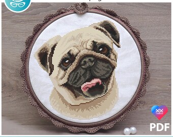 Fawn pug dog counted cross stitch pattern pdf. Modern pet memorial gift for pug dog mom dad. Digital file. AXS0365