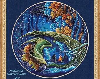 Dragon. Guardian of wayfarers. Dragon Cross Stitch Pattern pdf. Fantasy winged dragon xstitch chart. Digital. Saga. NadGavr 1021