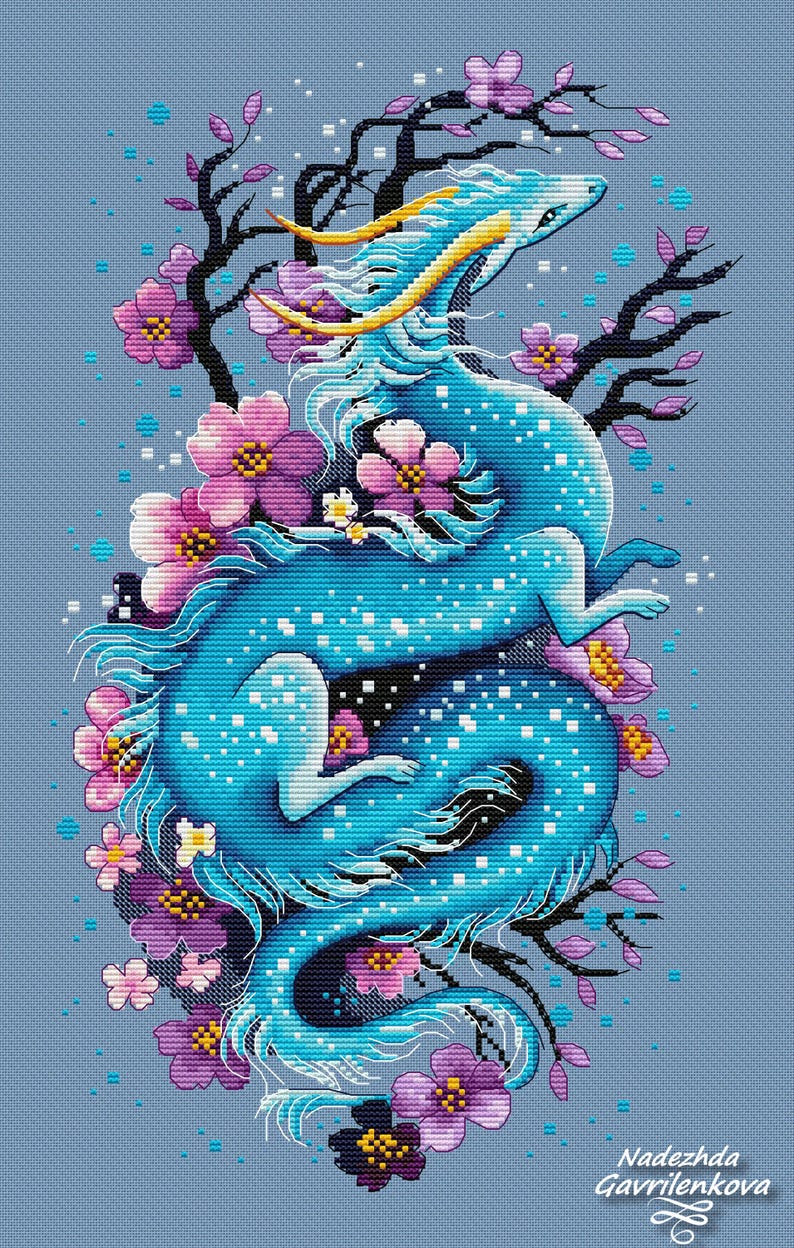 May include: A cross-stitch design featuring a blue dragon with yellow details, encircled by pink and purple flowers and black branches, on a light blue backdrop. The dragon is depicted in a dynamic pose, with a detailed, pixelated appearance.