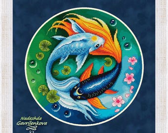 Harmony of life. Cross Stitch Pattern pdf. Yin Yang xstitch chart. Koi Carp cross stitch. Digital. Saga. NadGavr 1211