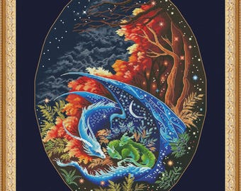 Dragon-Guardian «Mother's care 2». Dragon Cross Stitch Pattern pdf. Fantasy winged dragon xstitch chart. Digital. Saga. NadGavr 1015