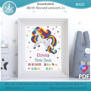Baby birth announcement cross stitch pattern pdf. Unicorn nursery theme for baby boy girl. Personalized DIY. Digital file AXS0525