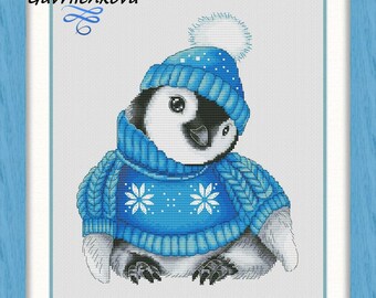 Christmas Penguin (blue). Cross Stitch Pattern: NadGavr Design (PDF Pattern) 1067