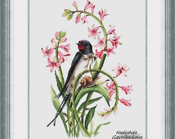 Swallow in flowers 5. Cross Stitch Pattern: NadGavr Design (PDF Pattern) 1232
