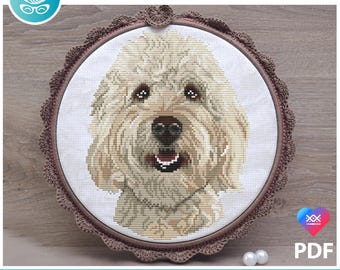 Cream goldendoodle dog counted cross stitch pattern pdf. Modern pet memorial gift for doodle dog mom dad. Digital file. AXS0359