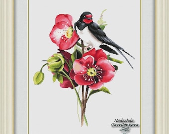 Svala i blommor 1. Korsstygnsmönster pdf. Fågelmönster. Digitalt. Saga. NadGavr 1199