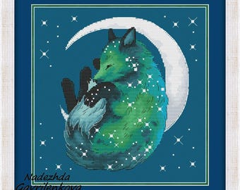 Moon Fox. Cross Stitch Pattern pdf. Flowers xstitch chart. Digital. Saga. NadGavr 1036