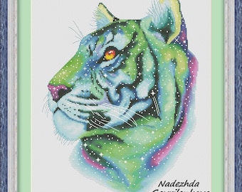 Space Tiger. Cross Stitch Pattern pdf. Fabulous tiger xstitch chart. Digital. Saga. NadGavr 1030