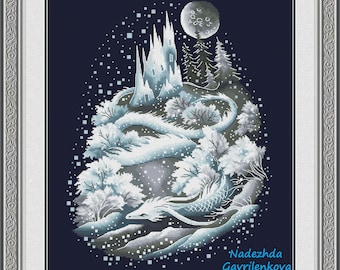 Ice dragon. Dragon Cross Stitch Pattern pdf. Fantasy white winter dragon xstitch chart. Digital. Saga. NadGavr 1020