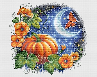 Pumpkin Moon Cross Stitch Pattern: Night Autumn Butterfly Ornament (PDF Digital file). AXS0760