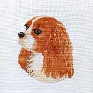 May include: Cross-stitch portrait of a Cavalier King Charles Spaniel dog. The artwork features the dog's head and shoulders, showcasing its brown and white fur, dark eyes, and black nose against a white background. The cross-stitch technique gives a textured appearance.