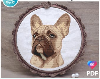 Tan fawn french bulldog counted cross stitch pattern pdf. Modern pet memorial gift for frenchie dog mom dad. Digital file. AXS0350