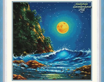 Night surf.Cross Stitch Pattern pdf. Landscape xstitch chart. Digital. Saga. NadGavr 1157