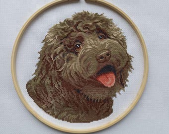 Brown doodle dog counted cross stitch pattern pdf. Modern pet memorial goldendoodle gift idea for mom dad. Digital file. AXS0445