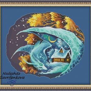 Drakenbewaker. Winter. Draak kruissteekpatroon pdf. Fantasie gevleugelde draak steekkaart. Digitaal. Saga. NadGavr 1007