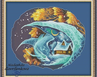 Dragon-Guardian. Winter. Dragon Cross Stitch Pattern pdf. Fantasy winged dragon xstitch chart. Digital. Saga. NadGavr 1007