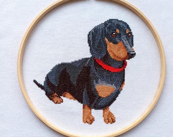 Black dachshund dog counted cross stitch pattern pdf. Modern pet memorial gift for doxie mom & dad. Digital file. AXS 0170