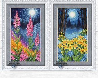 The magic of the forest. Diptych. Cross Stitch Pattern pdf. Flowers xstitch chart. Digital. Saga. NadGavr 1169