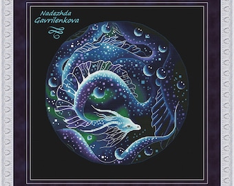 Sea Dragon. Dragon Cross Stitch Pattern pdf. Fantasy water dragon xstitch chart. Digital. Saga. NadGavr 1004