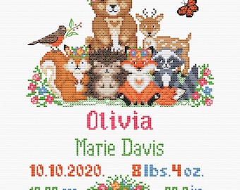 Woodland baby girl birth announcement cross stitch pattern pdf. Forest friends animals nursery theme. Digital file AXS0749