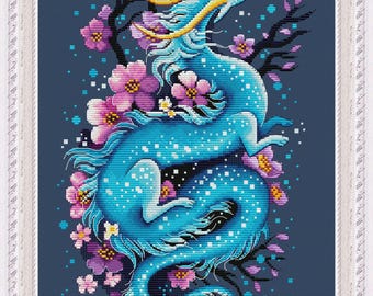Dragon and sakura. Cross Stitch Pattern pdf. Fantasy сute blue dragon xstitch chart. Dragon cross stitch. Digital. Saga. NadGavr 1210