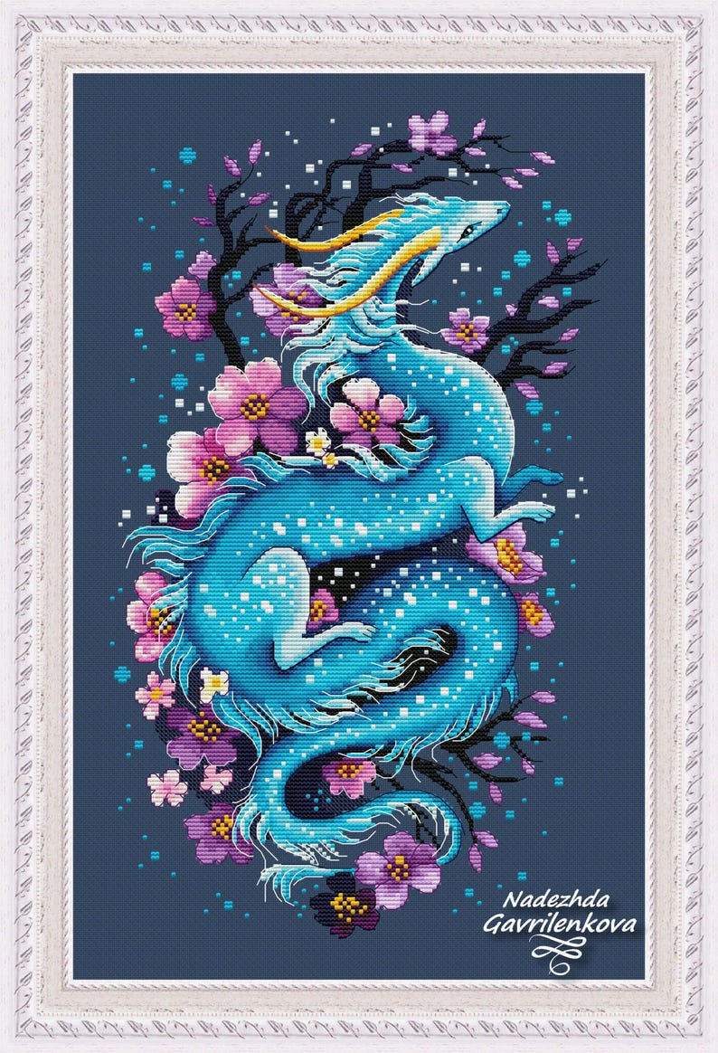 Dragon and sakura. Cross Stitch Pattern pdf. Fantasy сute blue dragon xstitch chart. Dragon cross stitch. Digital. Saga. NadGavr 1210 image 1