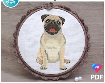 Cream pug dog cross stitch pattern pdf. Modern pet memorial gift for pug mom & dad. Digital file. AXS 0178