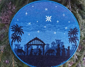 Christmas nativity scene with baby Jesus cross stitch pattern pdf.  Winter ornament cross stitch. Holy night theme. Digital file. AXS0553