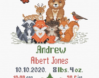 Woodland baby boy birth announcement cross stitch pattern pdf. Forest friends animals nursery theme. Digital file AXS0095