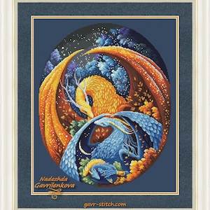 De Drakenfamilie 2 (2 baby's). Draak kruissteekpatroon pdf. Fantasie gevleugelde moeder babydraak x-steekkaart. Digitaal. Saga. NadGavr 1173