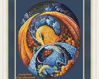 The Dragon Family 2 (2 baby). Dragon Cross Stitch Pattern pdf. Fantasy winged mom baby dragon xstitch chart. Digital. Saga. NadGavr 1173