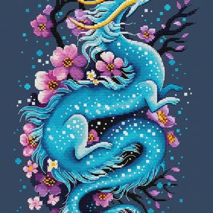 May include: A cross-stitch design of a blue dragon with yellow details, framed by pink and purple cherry blossoms and dark branches, set against a dark blue backdrop. The artist's name is in the bottom right corner.