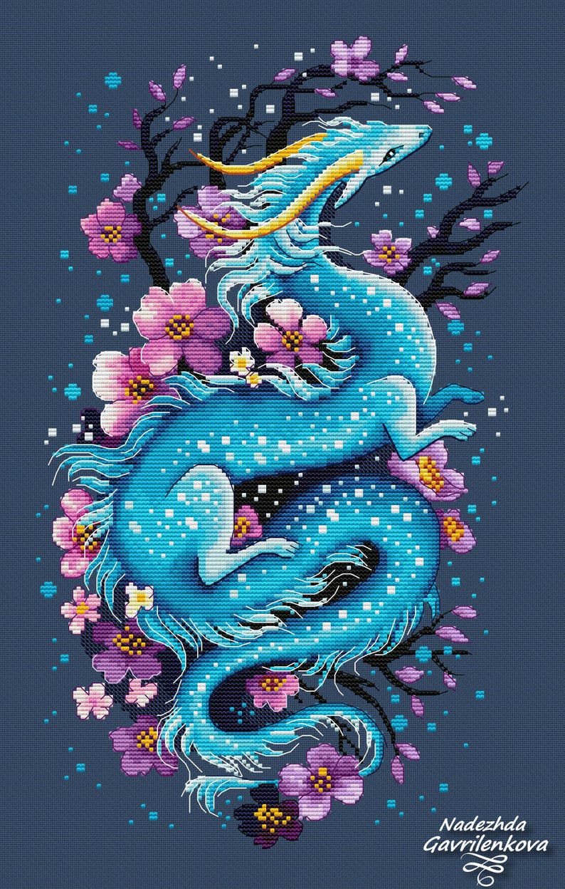 May include: A cross-stitch design of a blue dragon with yellow details, framed by pink and purple cherry blossoms and dark branches, set against a dark blue backdrop. The artist's name is in the bottom right corner.
