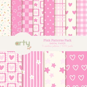 Pode incluir: Uma coleção de papel digital intitulada Pink Patterns Pack apresentando 13 padrões sem costura com vários designs, incluindo corações, estrelas, bolinhas, listras, xadrez e granulados em tons de rosa e creme.